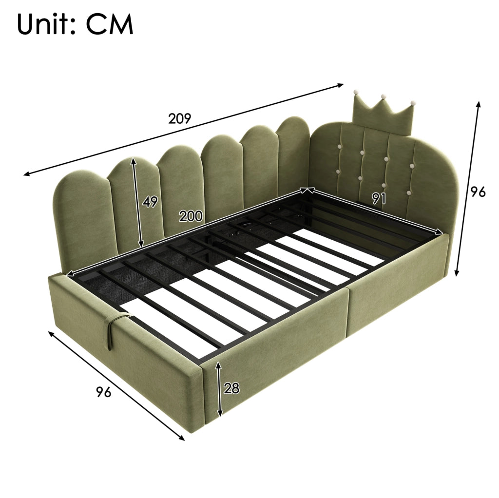 Letto da giorno 90x200 cm a L con contenitore idraulico; velluto verde