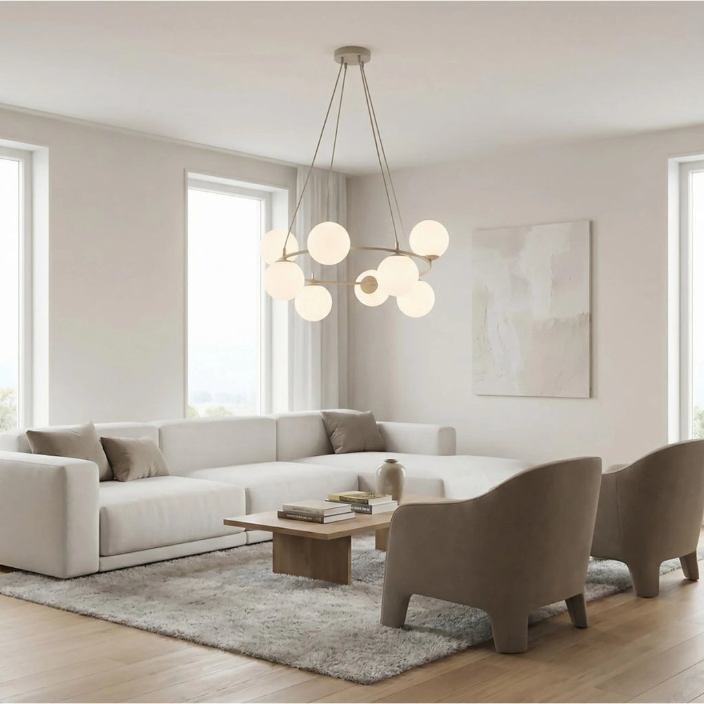 Lampada a sospensione Azura in acciaio beige e vetro opalino