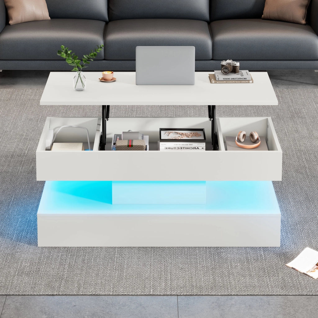TAVOLO da caffè regolabile 100x50x42 cm bianco con LED, presa EU e vano nascosto