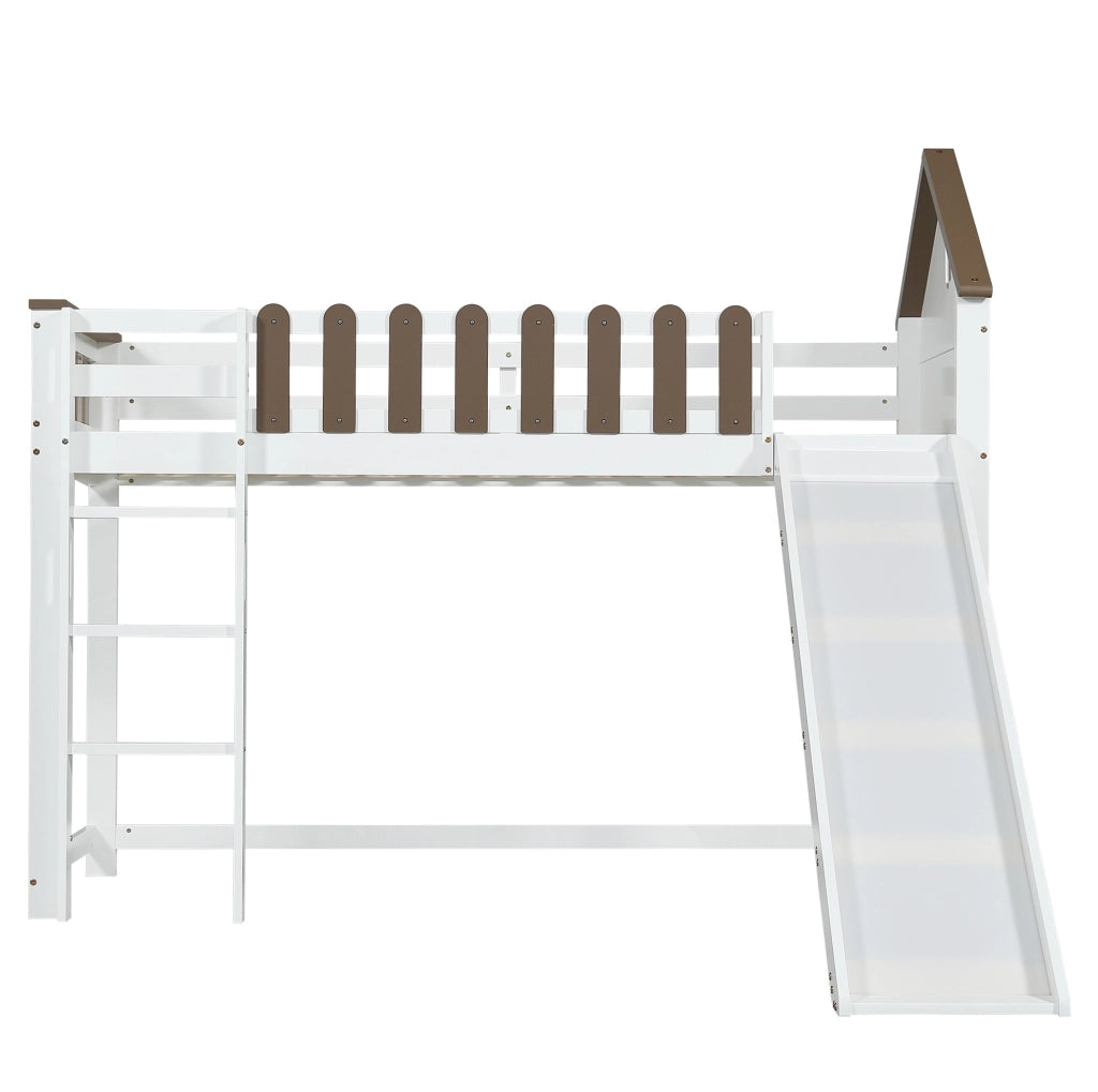 Letto a soppalco 90x200 cm con scivolo e scala dritta in legno e MDF bianco noce