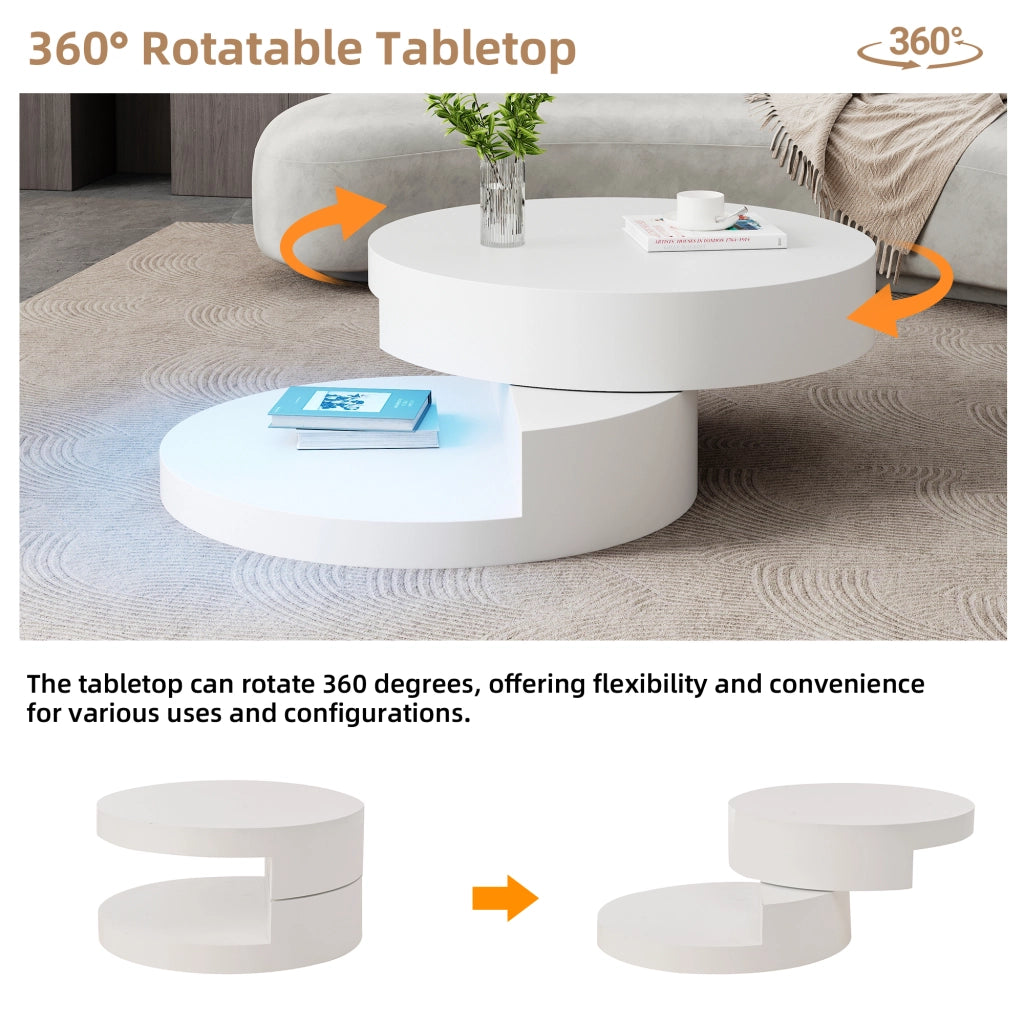 Tavolino da caffè con piano girevole; LED e vano doppio per soggiorno - 70×70×35.5 cm