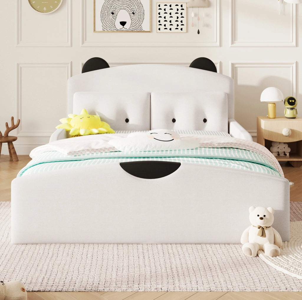 Letto a piattaforma 140x200 cm con testiera imbottita a forma di orso; in lino; bianco