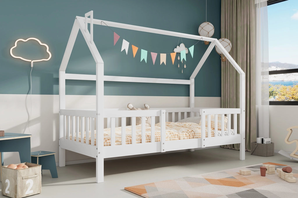 DESMIU Letto a casetta per bambini 90 × 200 cm 1 posto con barriere, senza materasso, in pino, bianco