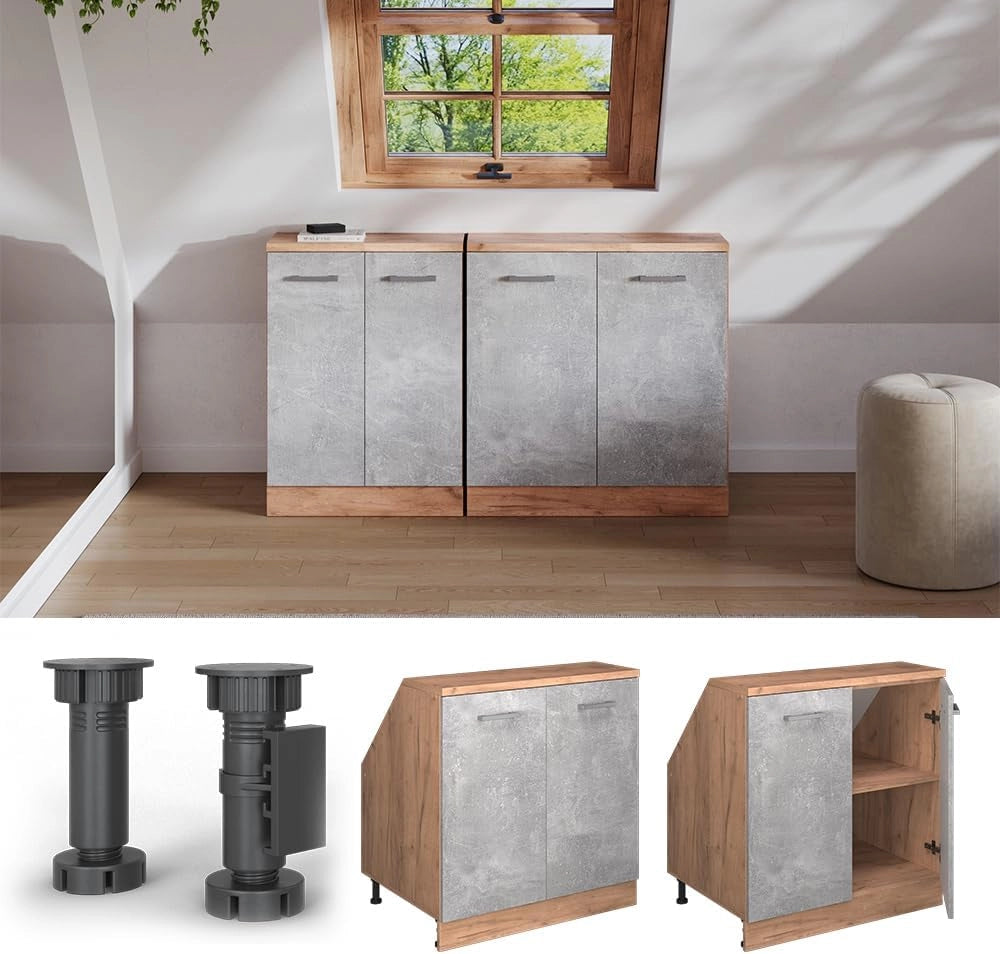 Mobile sottotetto Rion, Calcestruzzo, 80 x 81.6 cm con 2 porte, carcassa 60 cm profondità, adatto per il salvaspazio sotto tetti spioventi