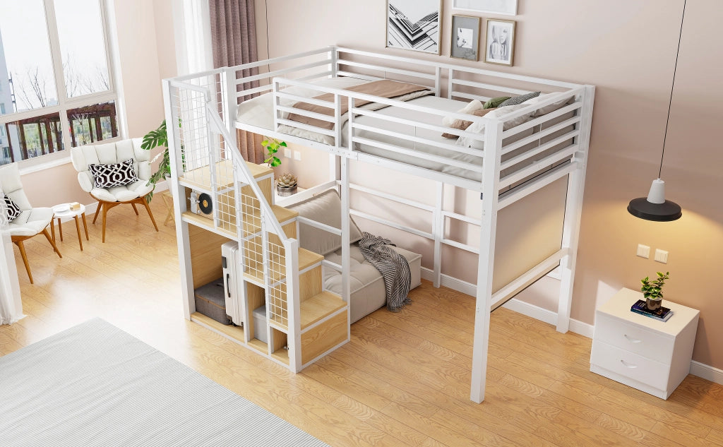 Letto a castello bianco con scala di sicurezza 90x200 cm in metallo