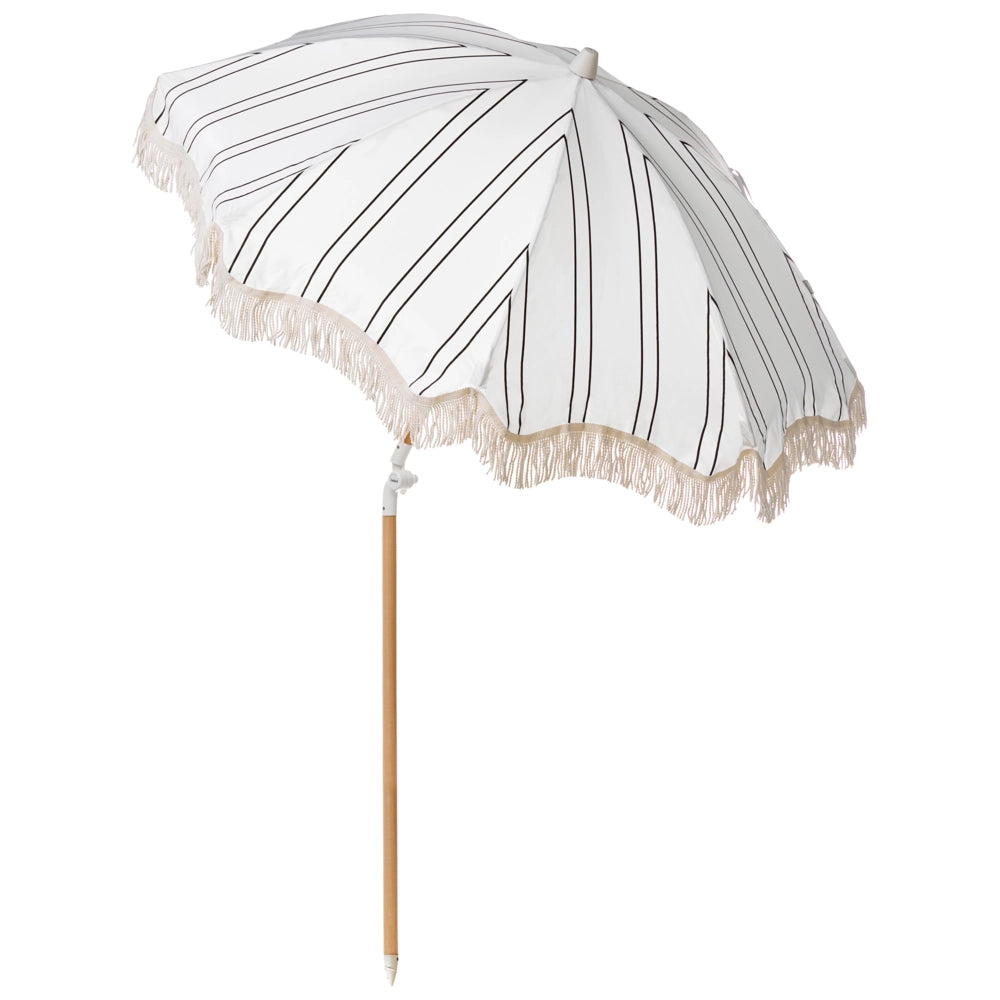 Ombrellone giardino tessuto nero e bianco palo in legno faggio 150 cm Ombrellone esterno rotondo giardino retrò inclinabile resistente ai raggi UV