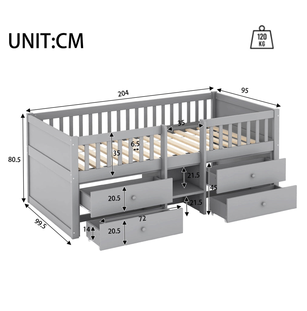 Letto semialto ULEVR 90x200 cm con 4 cassetti, scala e sponde di sicurezza, pino e MDF grigio