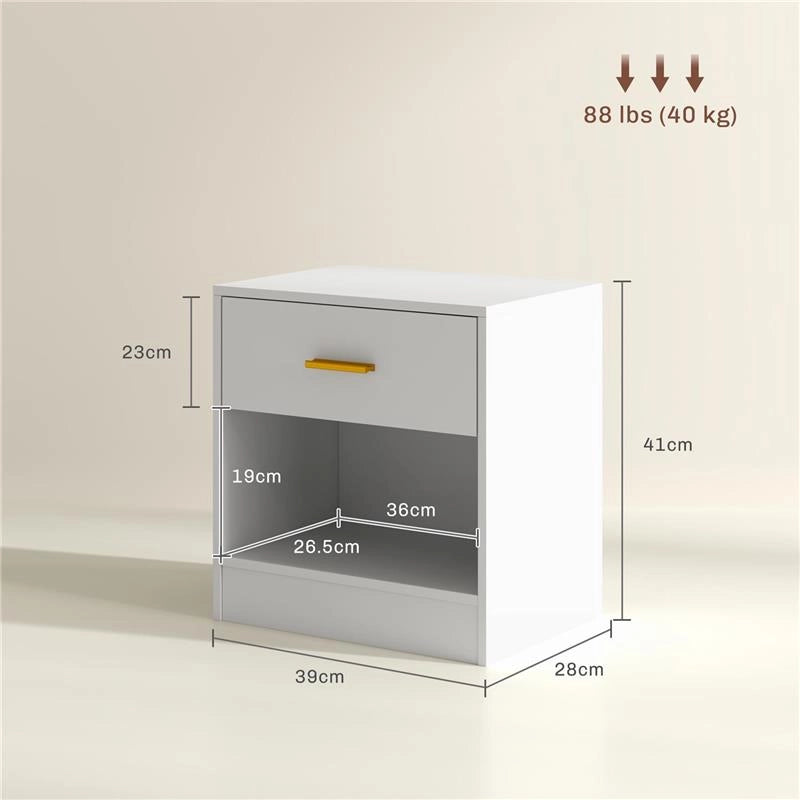 SET 2 COMODINI MODERNI IN LEGNO CON CASSETTO E RIPIANO APERTO 39X28X41 CM BIANCO