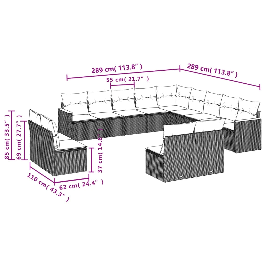 Set Divani da Giardino 13 pz con Cuscini Grigio in Polyrattan 3226487