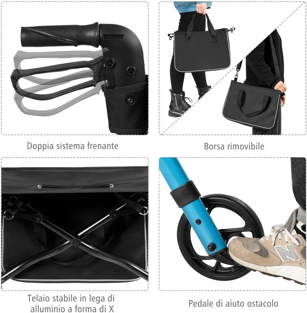 Deambulatore Pieghevole per Anziani Ultraleggero, con Sedile Borsa da Spesa e 4 Ruote Freno a Mano, Rollator Altezza Regolabile, Capacità 136kg, Lega di Alluminio, Nero (Blu)