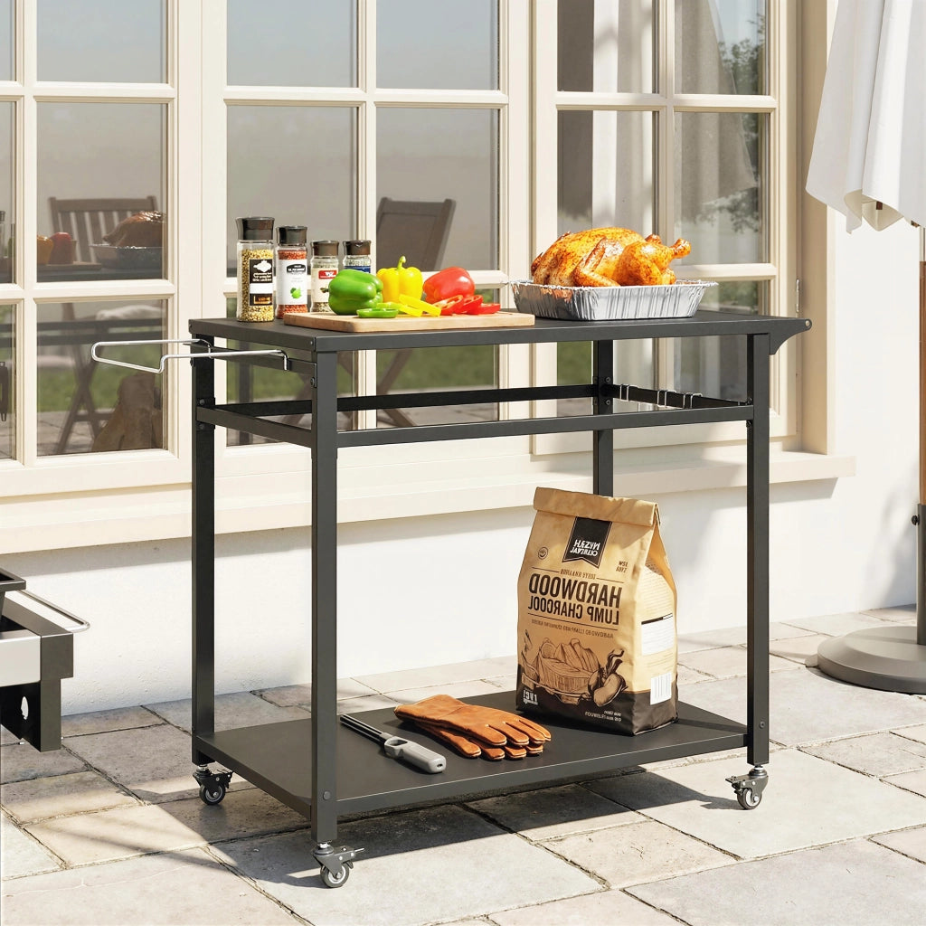 Carrello per Barbecue con 2 Ripiani, Supporto Pizza e Portasacchi ¨C Zephmum ¨C Nero