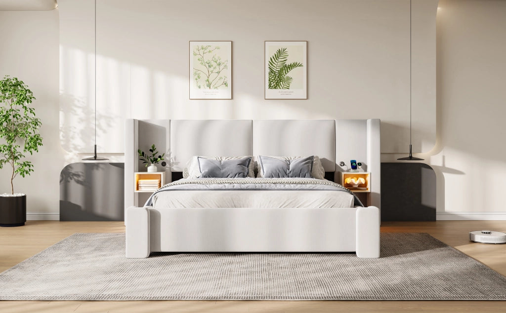 Letto imbottito 180x200 cm in lino beige con contenitore idraulico e LED