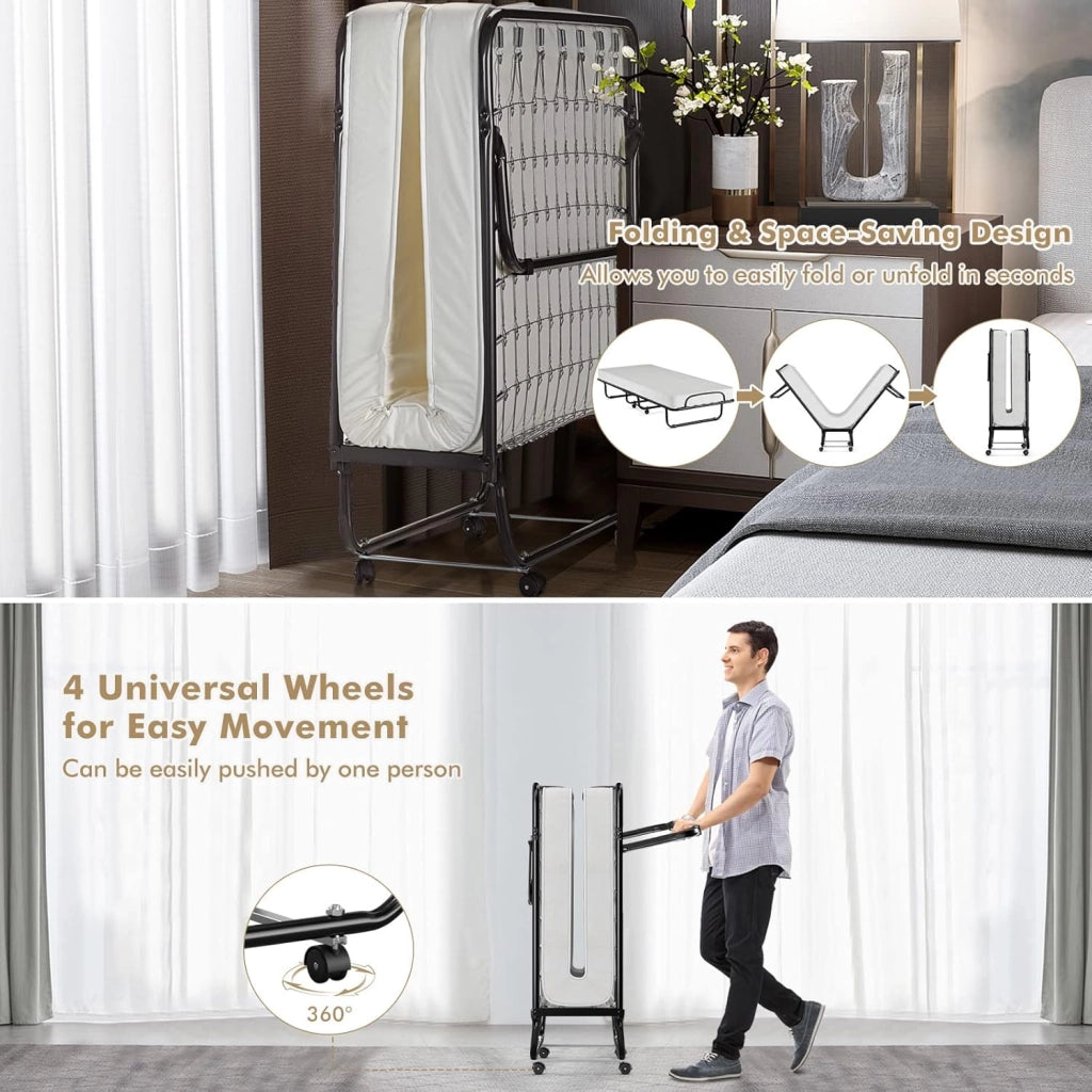 Letto Singolo Pieghevole, Portata di 120 kg, Letto Pieghevole con Materasso e 4 Ruote, 4 Gambe in Mettallo, Fibbia Fissata, 80 x 190 cm, Materasso di 10 cm, Ideale per Viaggio e di Riserva