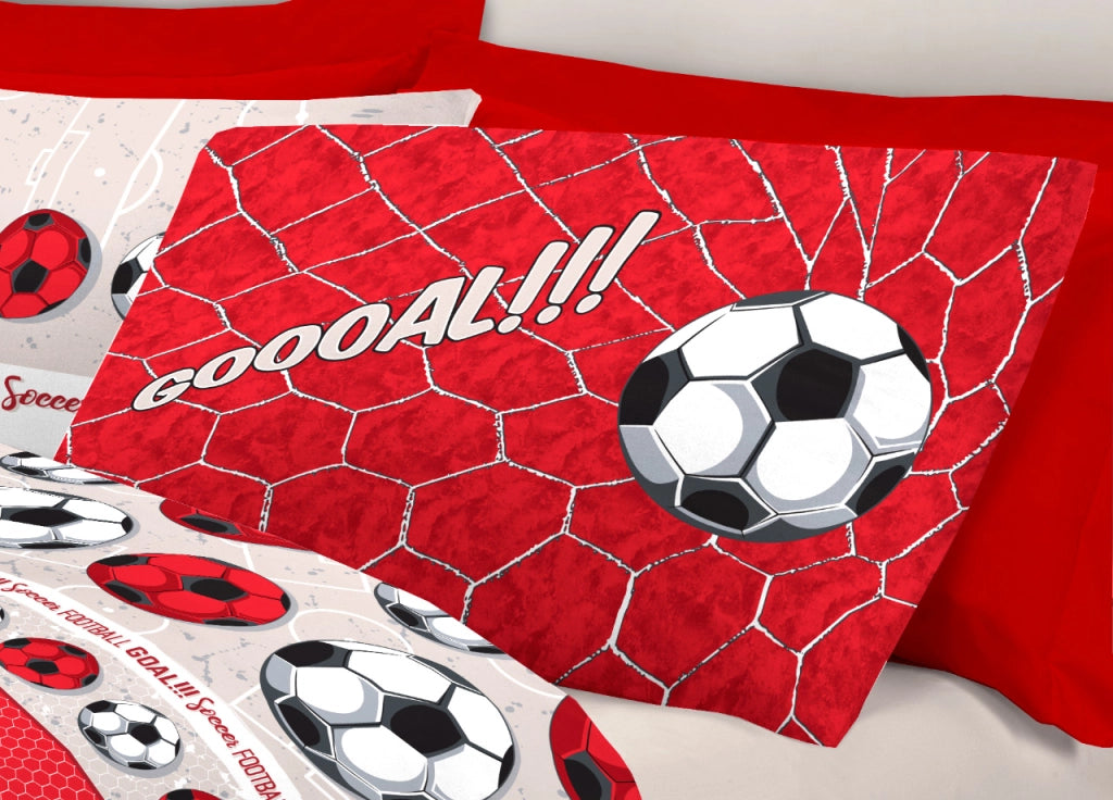 Completo Lenzuola Linea Pensieri Delicati 100% Cotone Disegno Calcio - Singolo - Rosso