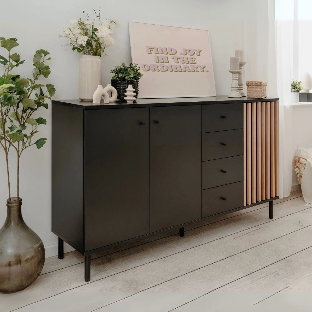 Madia moderna 3 ante e 4 cassetti nero con listelli rovere Monza 51C 160x40x90H