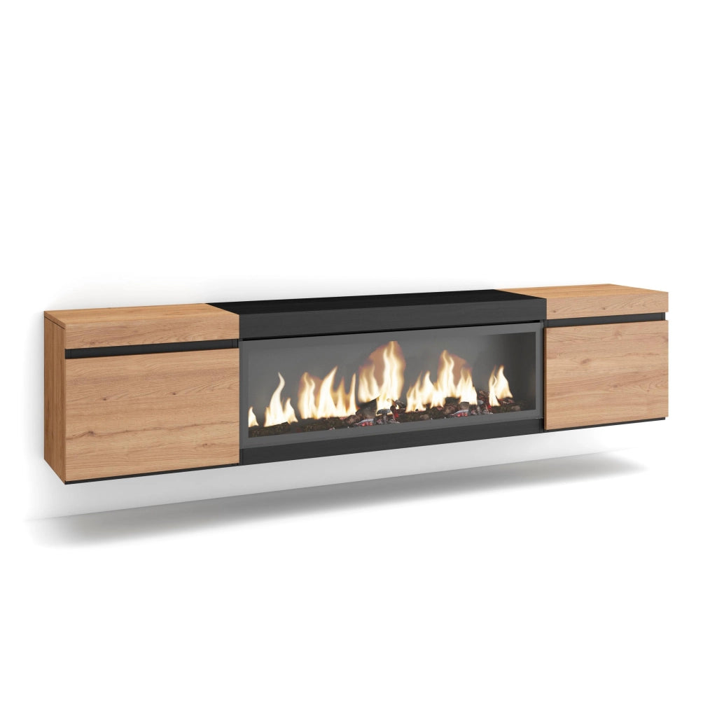 Mobile TV Soggiorno, 208x35x45cm, Per TV fino a 80", Camino elettrico XXL, da appendere, colore Rovere e nero RF3271