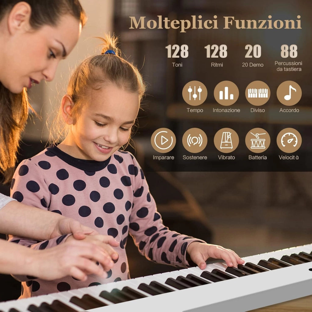 Tastiera Elettronica 88 Tasti Illuminati, Pianoforte Digitale Pieghevole Portatile con Custodia, Sustain Pedali, Modalità di Insegnamento, MP3/USB/MIDI/Bluetooth (Bianco)