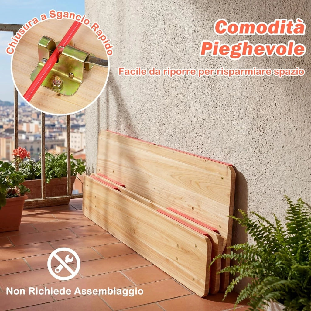 Set da Esterno 3 Pezzi per 4 Bambini, Tavolo da Picnic con 2 Panche in Legno Pieghevole, Robusta Struttura in Metallo, Facile da Riporre, Set da Giardino per Bambini 3-8 Anni per Patio