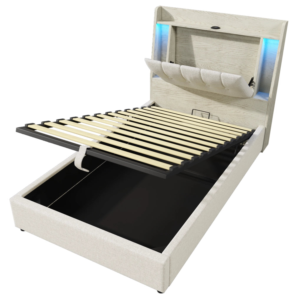 Letto imbottito 90x200 cm con USB Type-C; contenitore ribaltabile e LED; lino beige