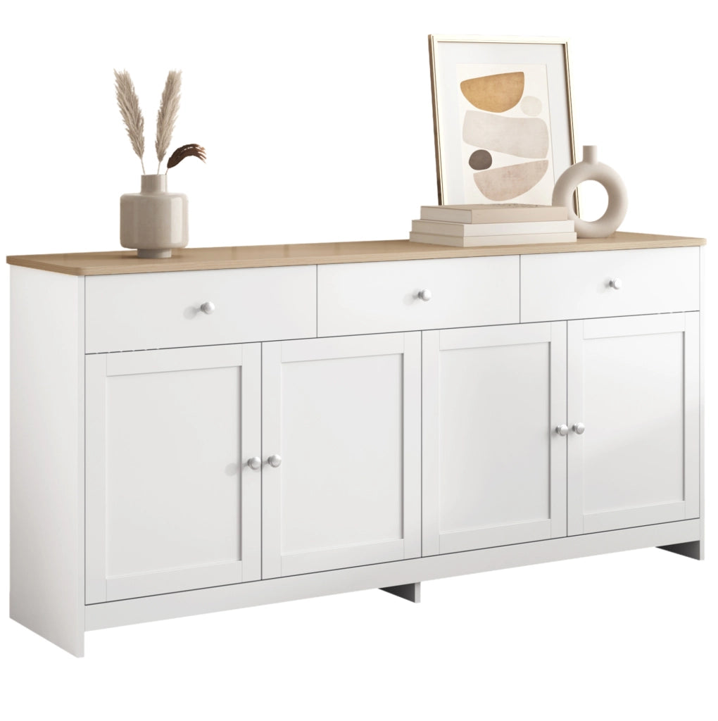 Credenza 160x37x75 cm con 3 cassetti; 4 ante e ripiani regolabili in MDF bianco e naturale
