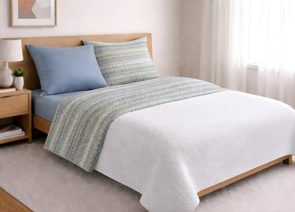 Completo Lenzuola Letto In 100% Cotone Rigato Zig Zag Disegno Baia - Matrimoniale - Verde