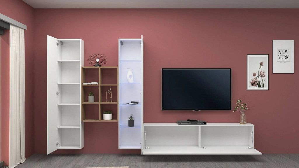 Mobile Soggiorno Ausonia, Parete Attrezzata 15 Ripiani Made in Italy, 320x30x180h cm Bianco Lucido