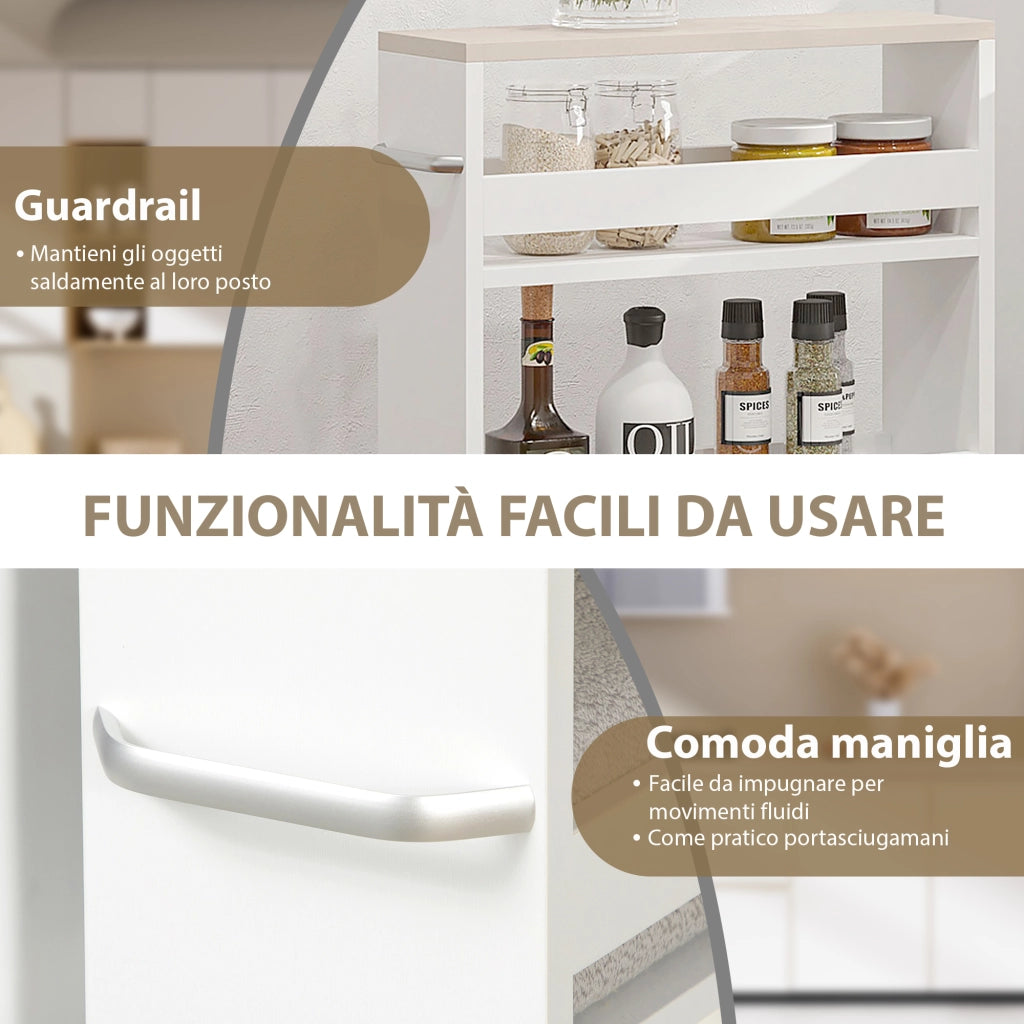 Carrello Bagno Salvaspazio a 3 Ripiani con Rotelle e Maniglia in Legno, 48x15x80cm, Bianco