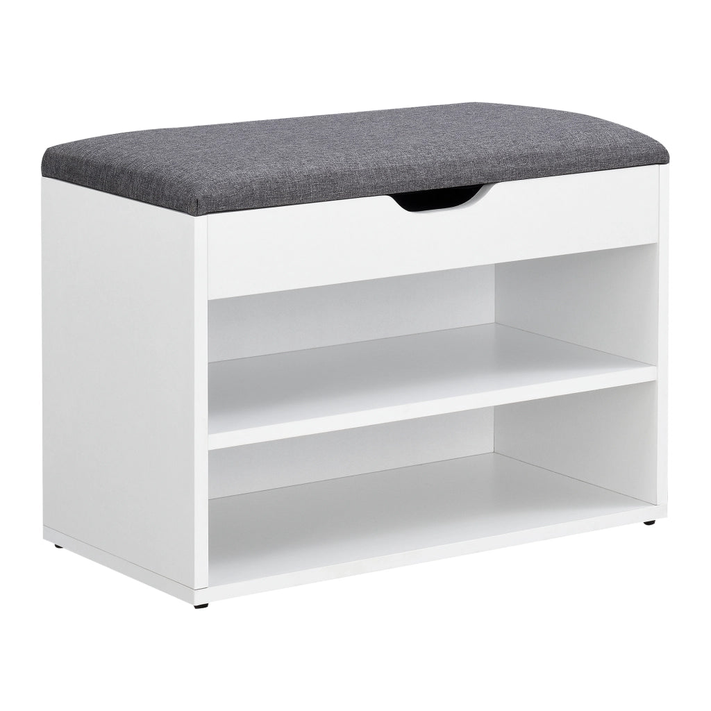 Panchina Portascarpe con Seduta Apribile (AxLaxP) 46 x 60 x 30 cm Panca da Ingresso/Corridoio Mobiletto con Seduta Imbottita, Contenitore e 2 Ripiani - Bianco/Grigio