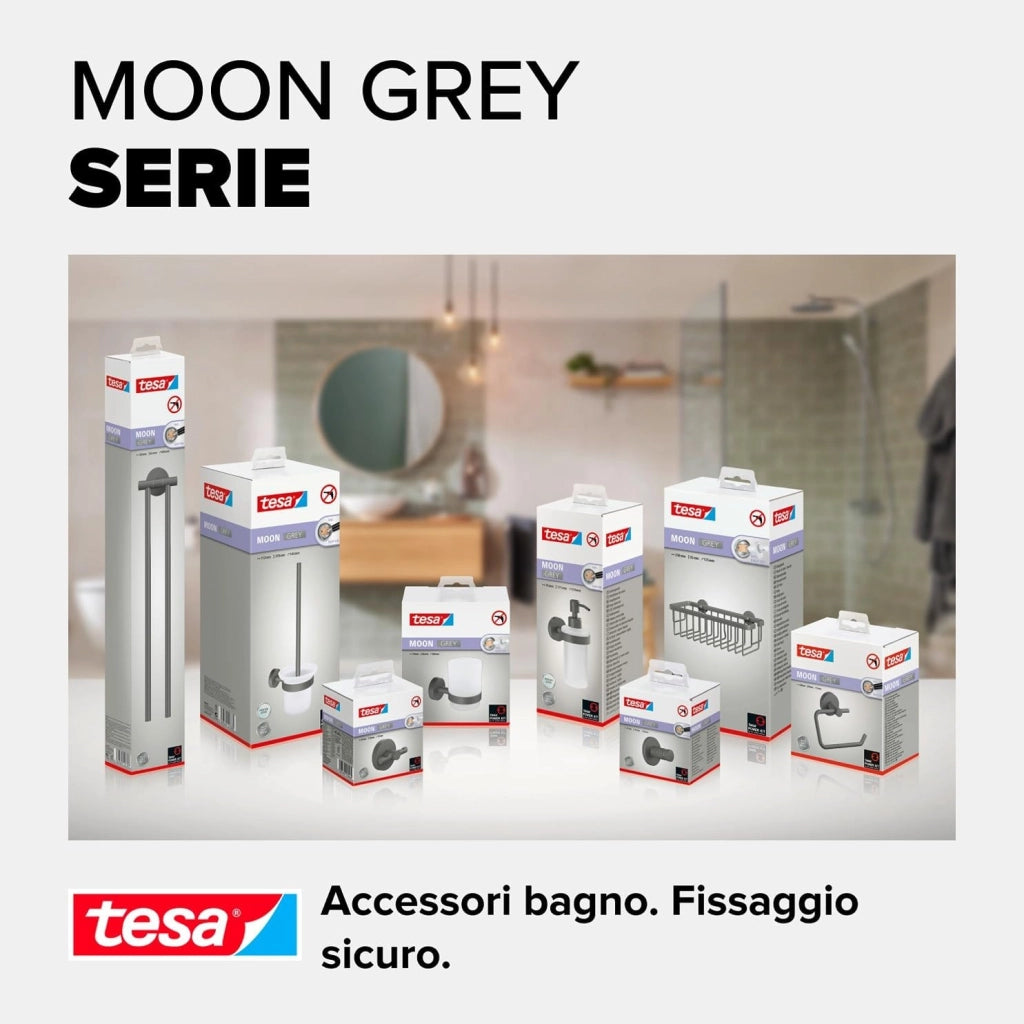 MOON GREY Portasciugamani a 2 Bracci per bagno e WC in stile industriale e bagni moderni - Senza foratura, soluzione adesiva inclusa - 84 mm x 50 mm x 456 mm - Grigio opaco