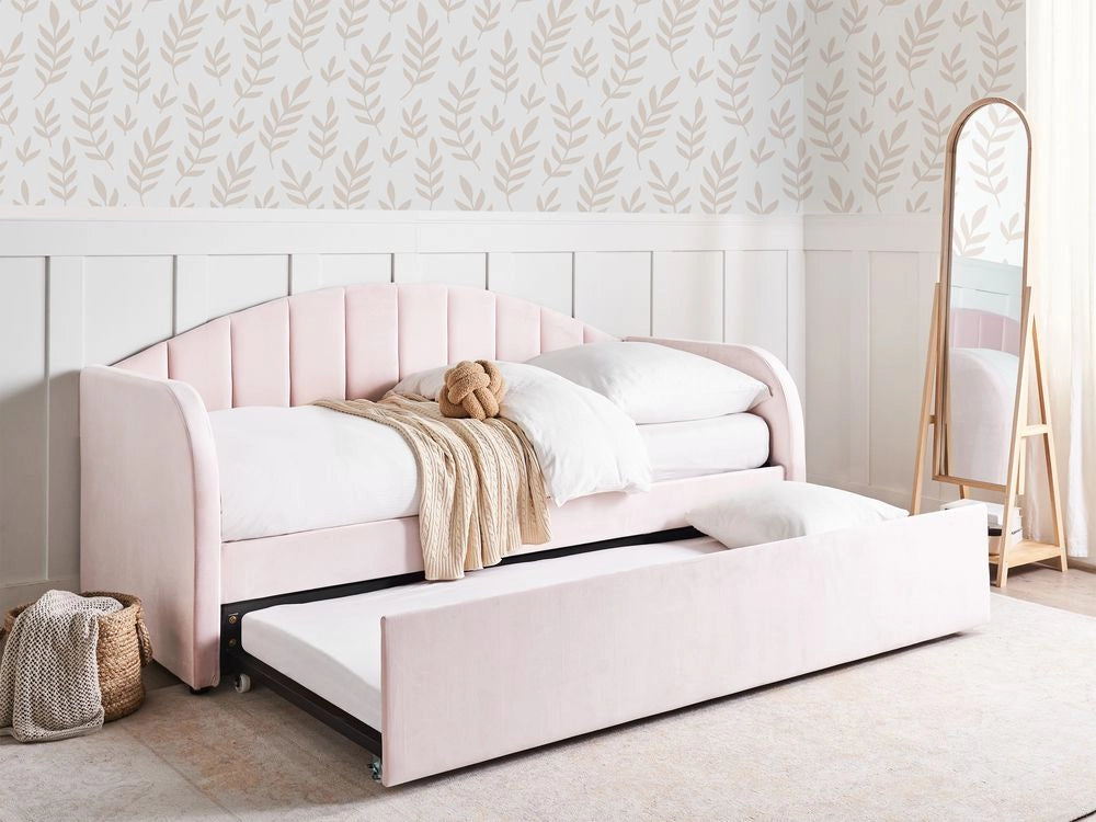 Letto estraibile in velluto rosa 90 x 200 cm con cornice imbottita moderna glamour per una cameretta per bambini ospiti