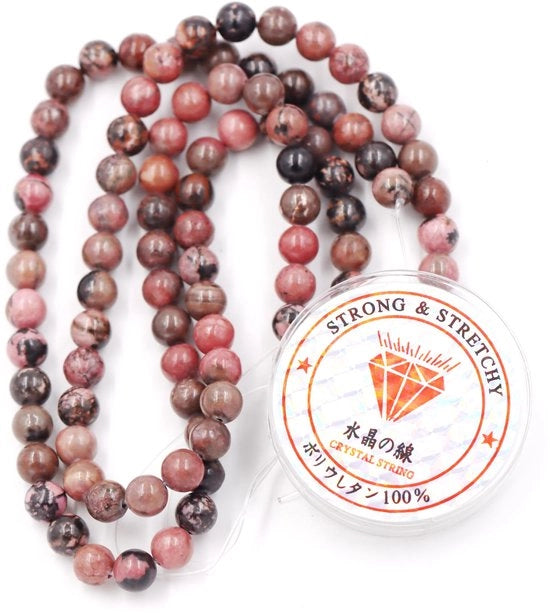 Kralen con corda per la realizzazione di accessori personali Pietre energetiche per bracciali curativi 10 mm = 76 pezzi e 1 rotolo di corda Rhodonite striata nera 10 mm