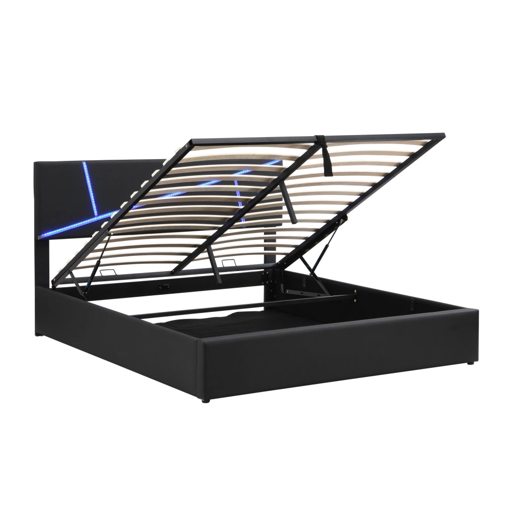Letto imbottito con LED; contenitore idraulico; PU nero