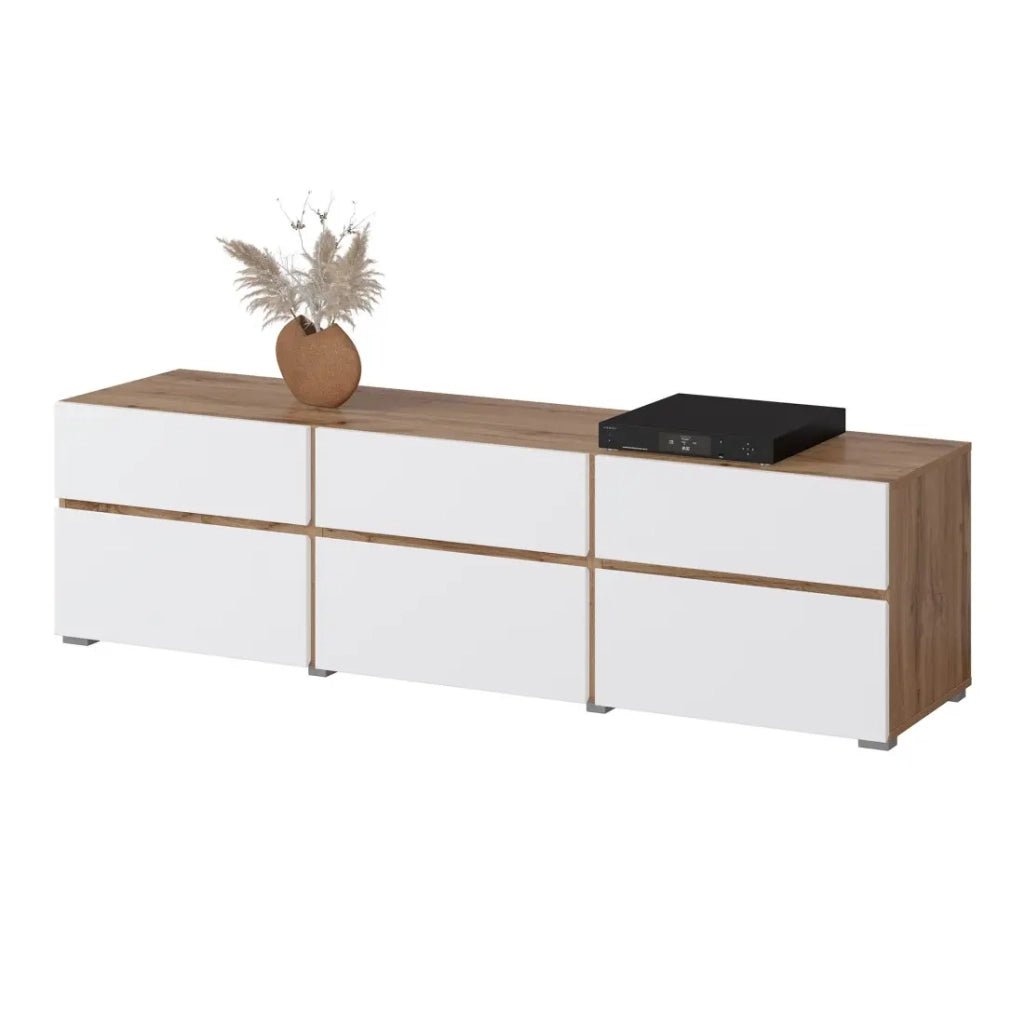 Mobile TV HAVANA – 180 cm – 3 ante ribaltabili e 3 cassetti – Rovere e bianco – Design contemporaneo