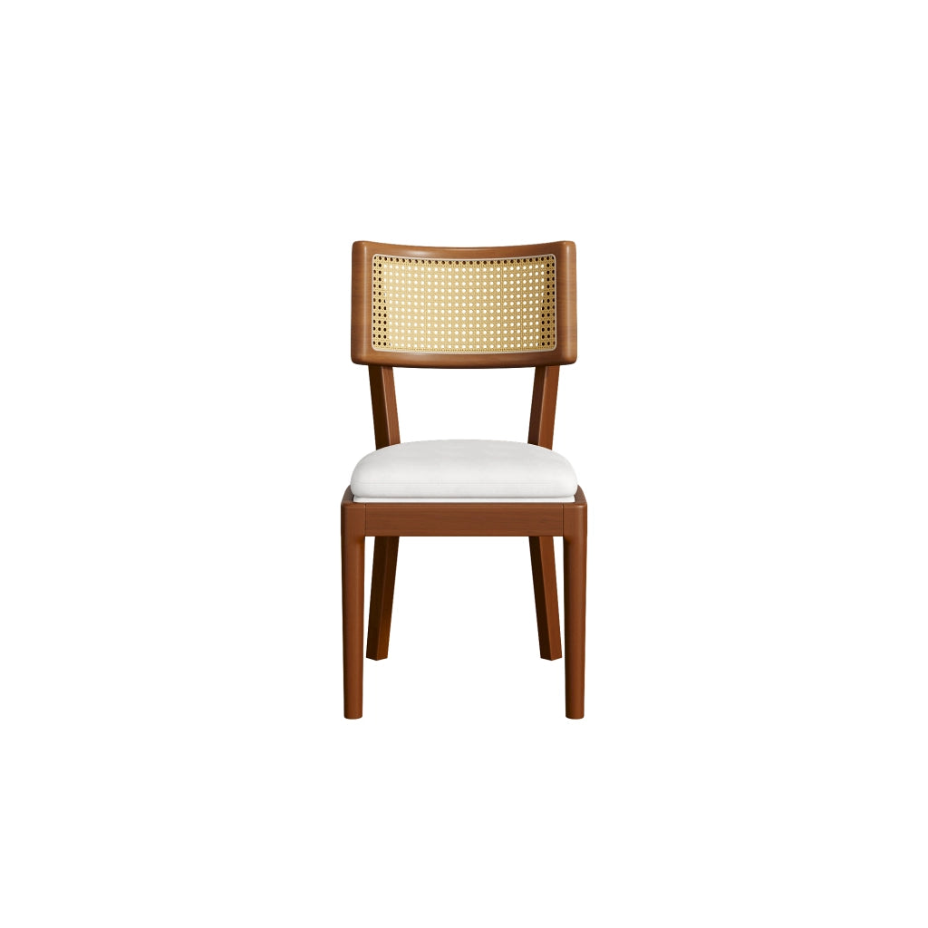 Set di 2 sedie da pranzo in legno massiccio con schienale in rattan e cuscino in lino, colore noce