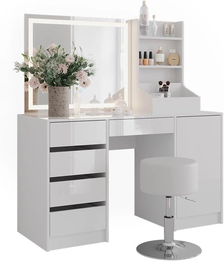 Tavolo da toeletta Sherry, Bianco/bianco lucido, 128.2 cm 4 parti
