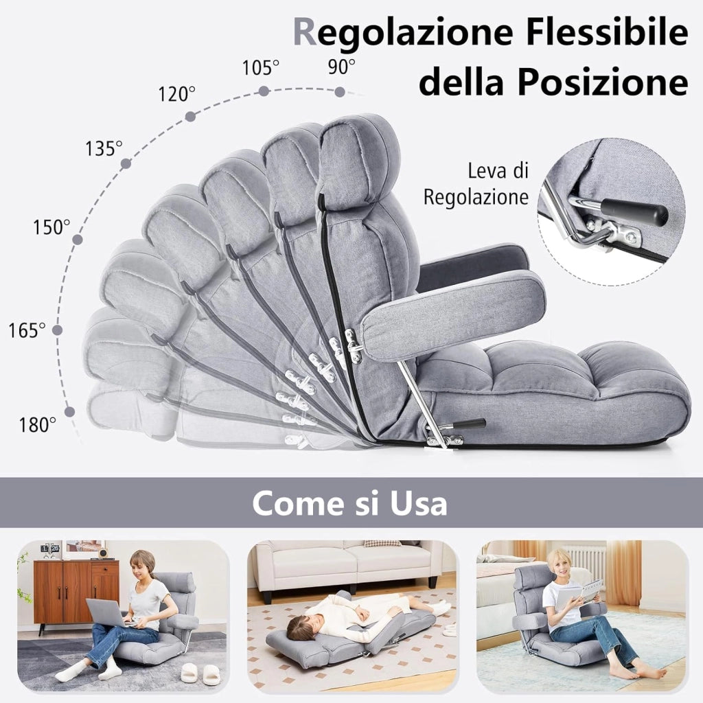 Sedia Divano Pieghevole, Poltrona Letto Singolo con Schienale Regolabile, Poggiatesta Lombare e Poggiapiedi Regolabile a 6 Posizioni, 80 x 72 x 75 cm (Grigio)