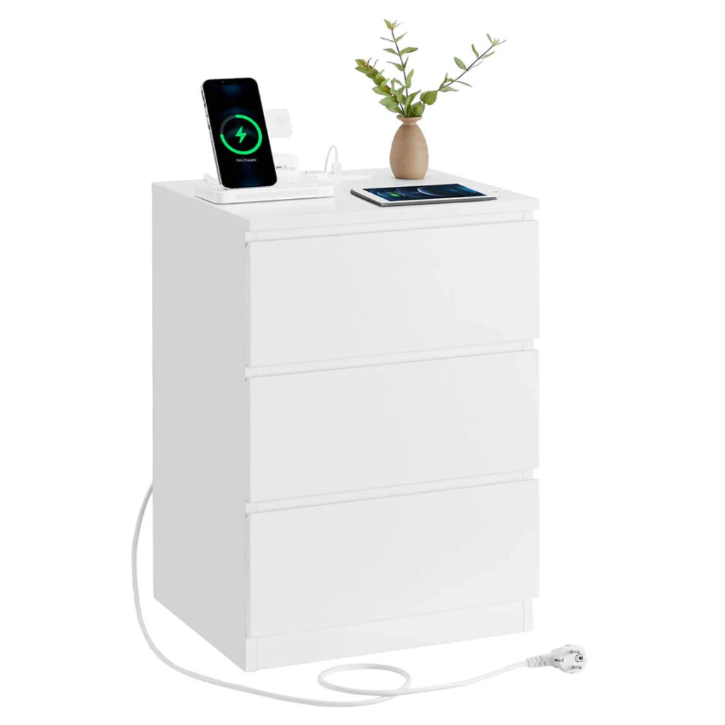 Comodino con multipresa tavolino con 3 cassetti 2 prese CA 2 porte USB frontali dei cassetti smussati per soggiorno camera da letto ufficio moderno bianco 12_0007610