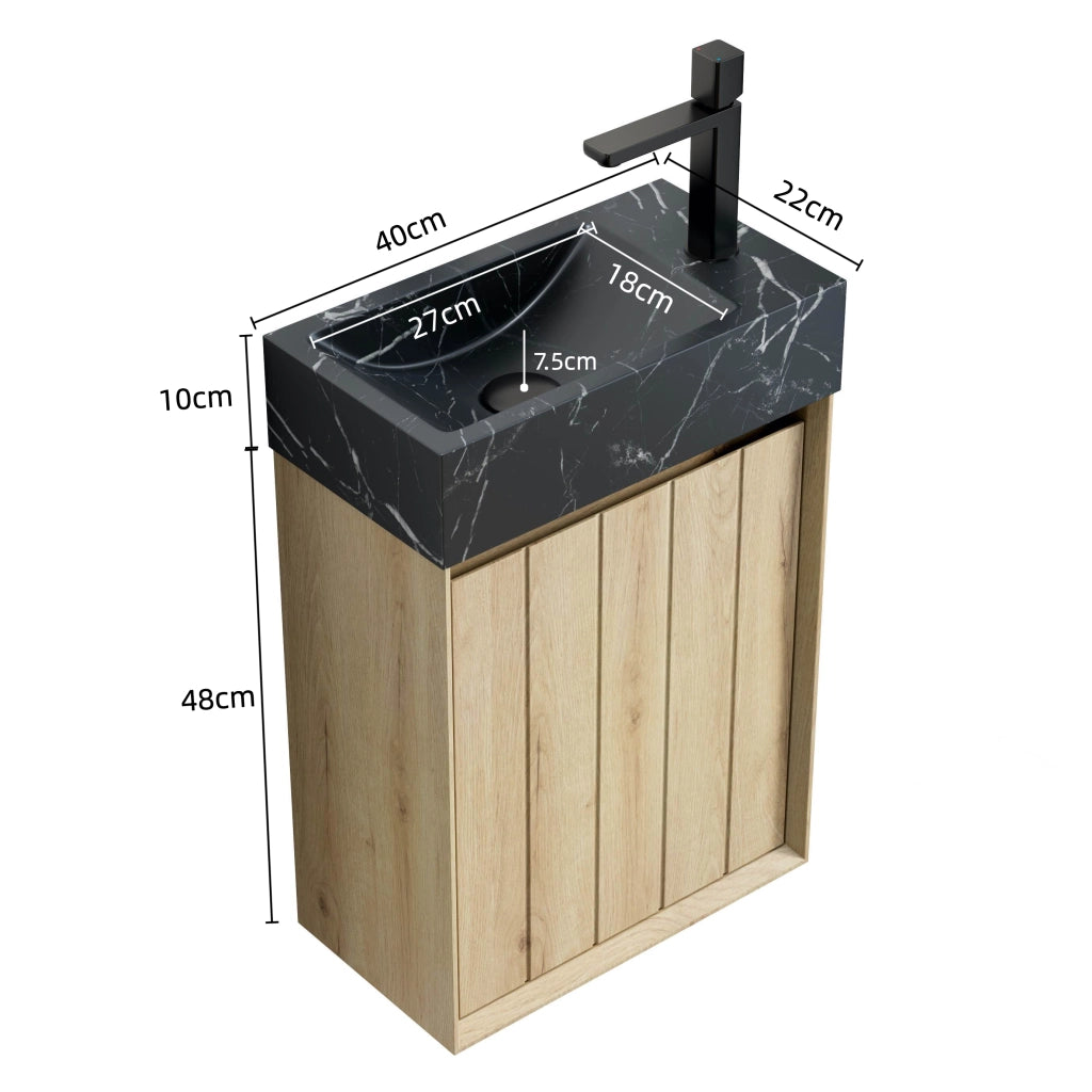 Mobile sottolavabo con lavabo integrato in marmo naturale con 1 anta salvaspazio per bagno nero e rovere bianco