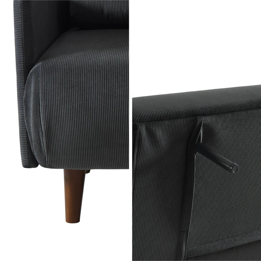 Divano letto in velluto a coste con gambe in legno, 2 posti, grigio