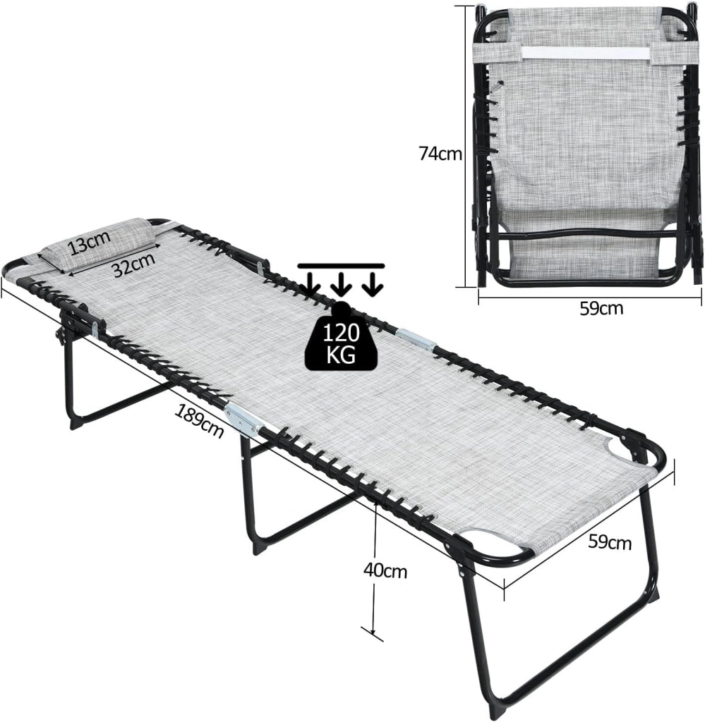 Lettino Prendisole, Lettino da Spiaggia Pieghevole, con Poggiatesta Rimovibile, Regolabili in 5 Posizioni, Sdraio Portatile con Piedini Antiscivolo, per Piscina, Giardino, Mare (Gray)