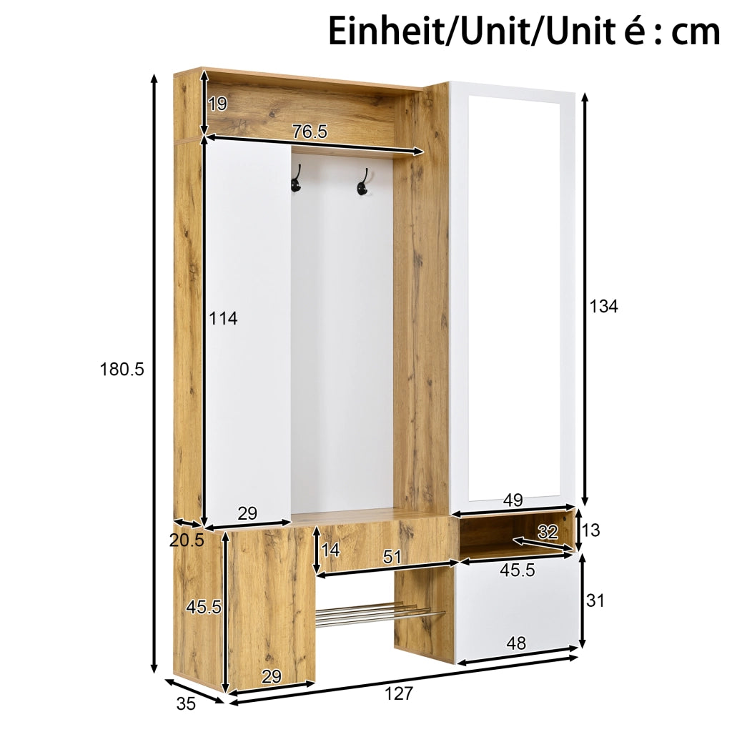 Guardaroba in MDF con specchio, scarpiera, mobile ingresso, appendiabiti con asta e ganci