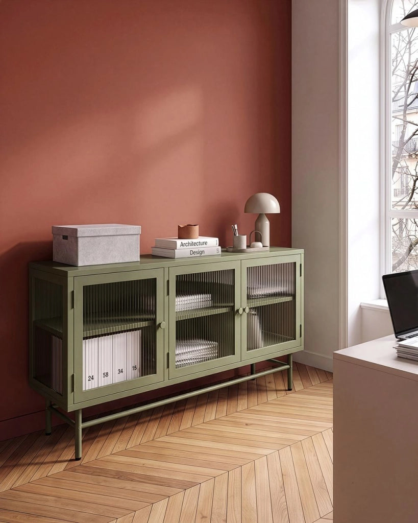 Credenza a 3 ante in metallo verde e vetro con ripiani 115 x 35