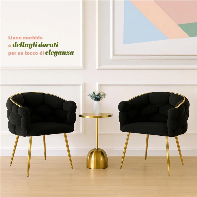 SET 2 POLTRONE IMBOTTITE IN TESSUTO TEDDY CON STRUTTURA IN METALLO ORO DIMENSIONI 71X46X82H CM COLORE NERO