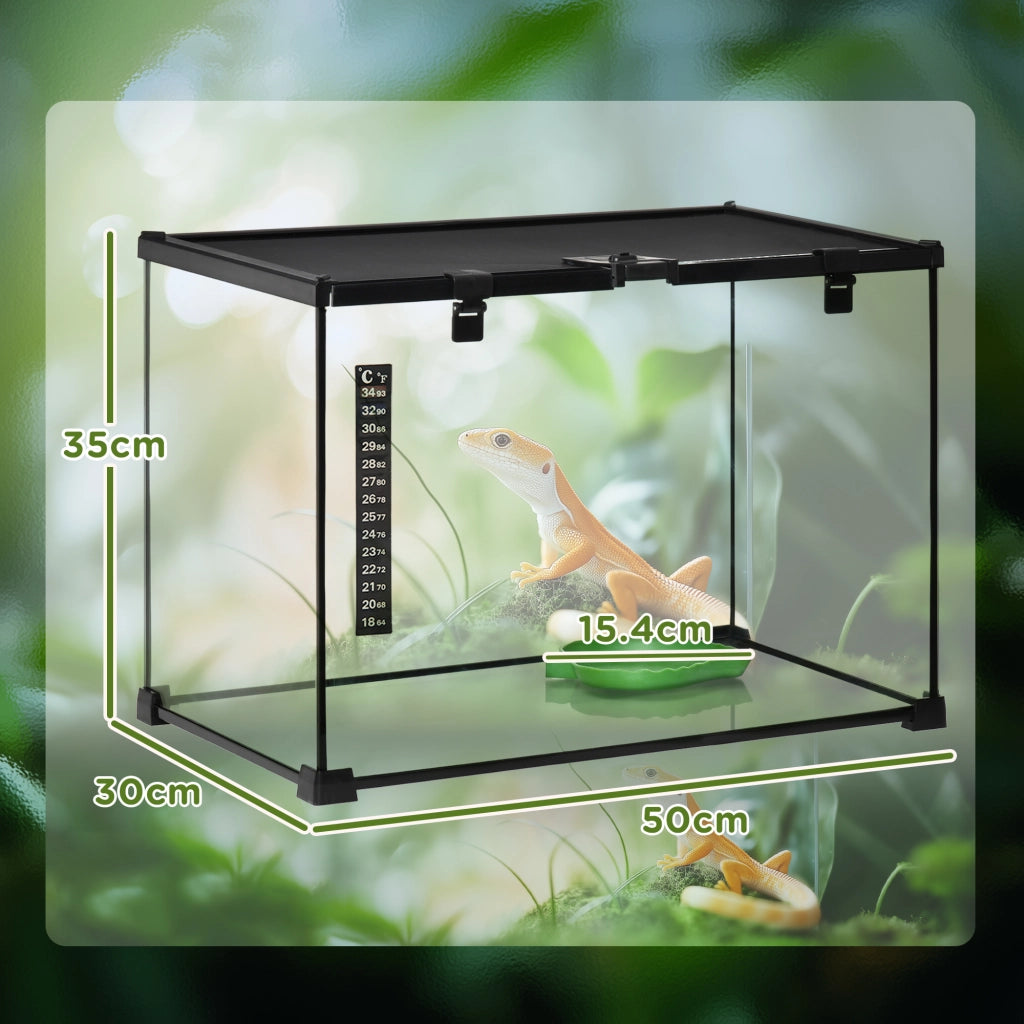 Terrario per Rettili Coperchio Scorrevole con Griglia Metallica e Termometro 50x30x35 cm in Vetro e Metallo Nero