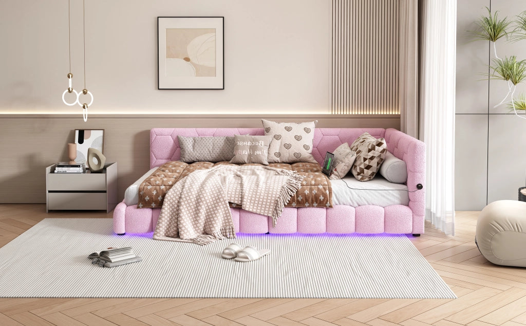 DESMIU Letto daybed 90 × 200 cm 1 posto LED regolabile, USB, Type-C, senza materasso, velluto, rosa