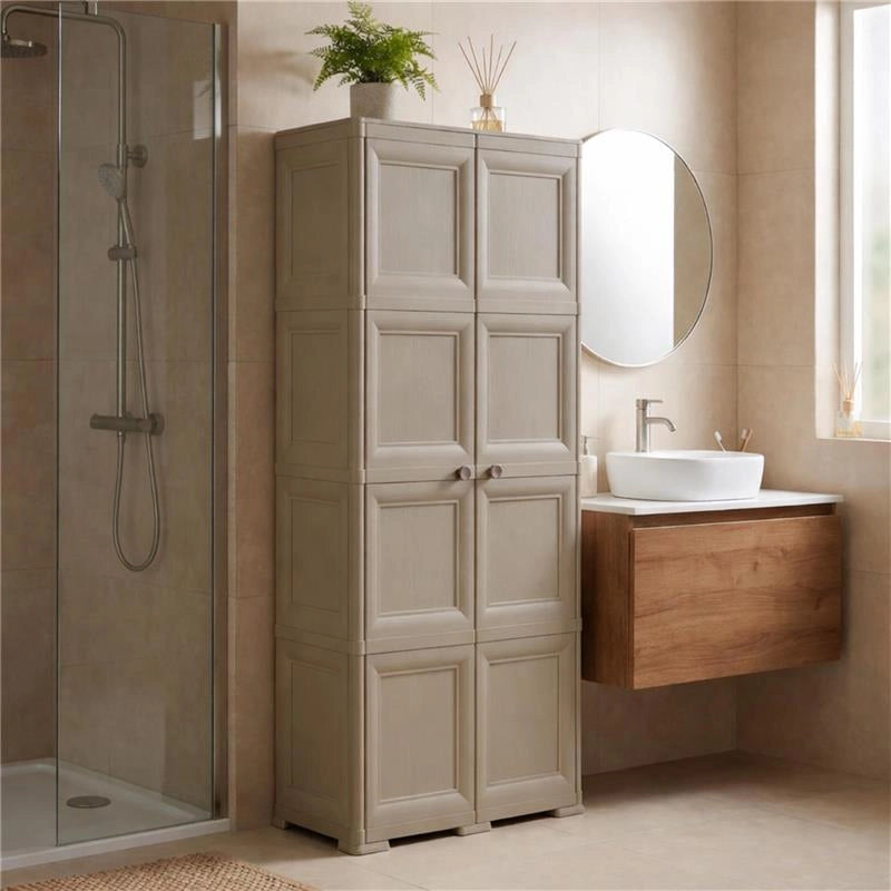 ARMADIO 2 ANTE TAUPE 79X43X164 CM CON 8 SCOMPARTI – MOBILE ALTO ORGANIZZAZIONE CASA PER INGRESSO, LAVANDERIA E ZONA GIORNO