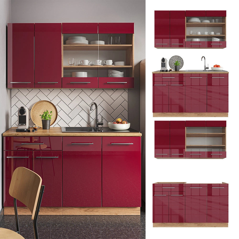 Cucina completa Fame-Line Bordeaux lucido/Rovere dorato 140 cm, PL Marmo Vicco