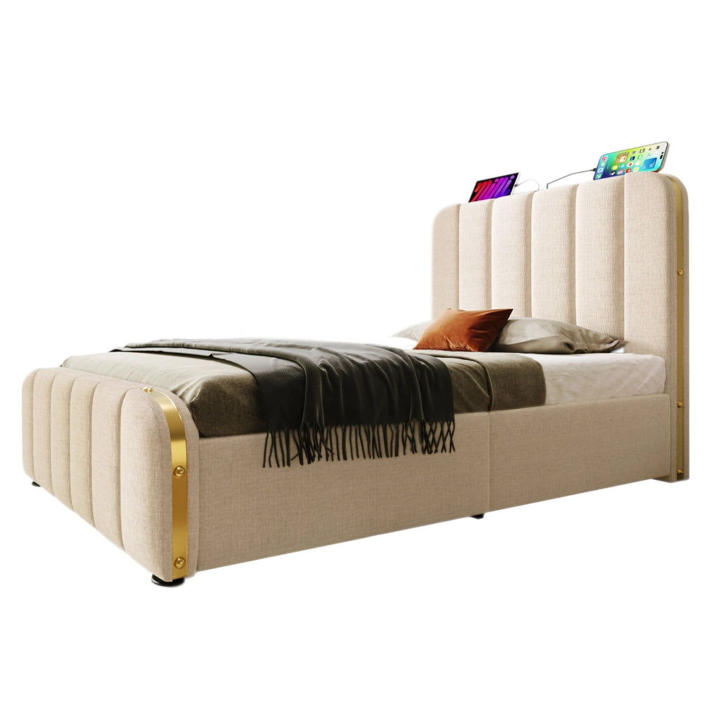 Letto singolo 90x200 cm in lino beige con testiera imbottita; USB e contenitore idraulico
