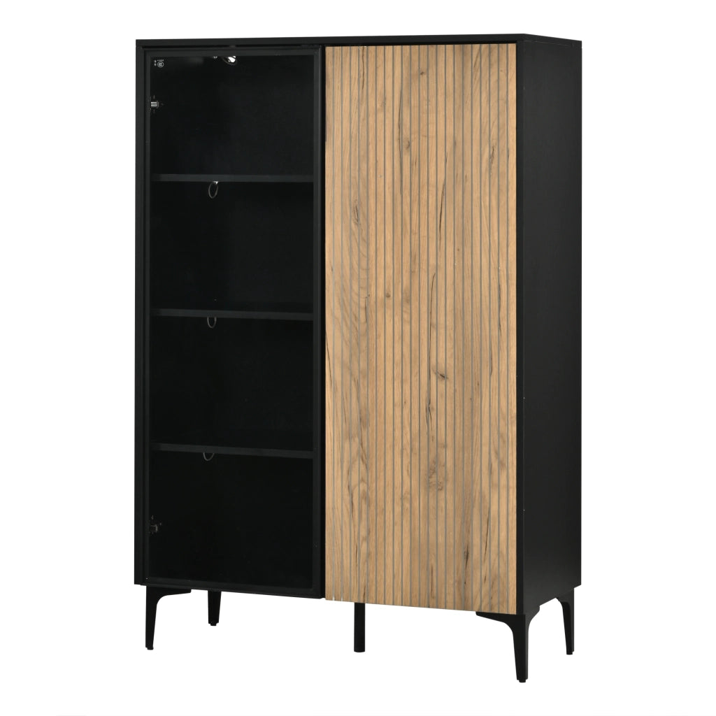 Vetrina Moderna Nera e Legno 90x40x135 cm con Luci LED RGB e 2 Ante
