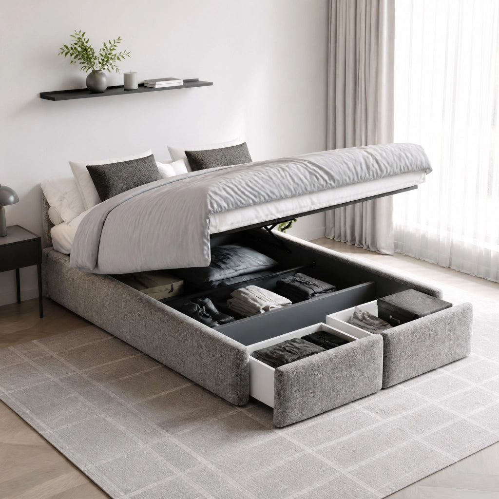 LETTO imbottito 140x200 cm grigio con contenitore idraulico e 2 cassetti